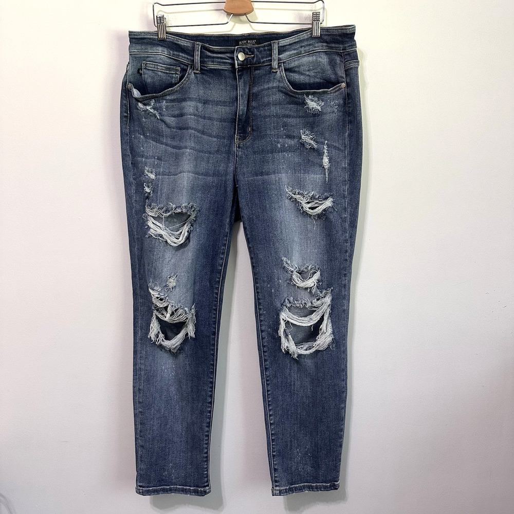 Judy Blue Boyfriend Fit Distressed Jeans 18W Plus Blue Ripped‎ Stretch 38x29